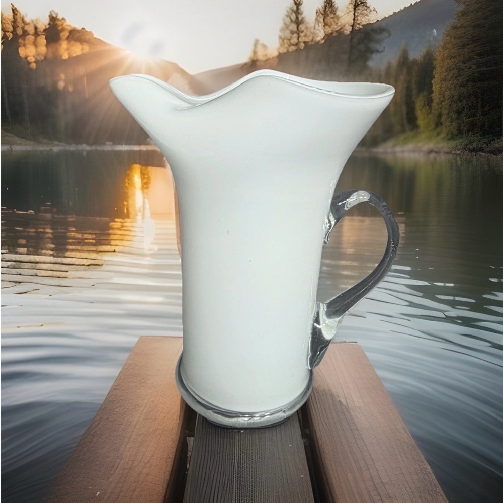 Vintage White Hand Blown Cased Glass Pitcher Clear Applied Handle MCM 7.5in